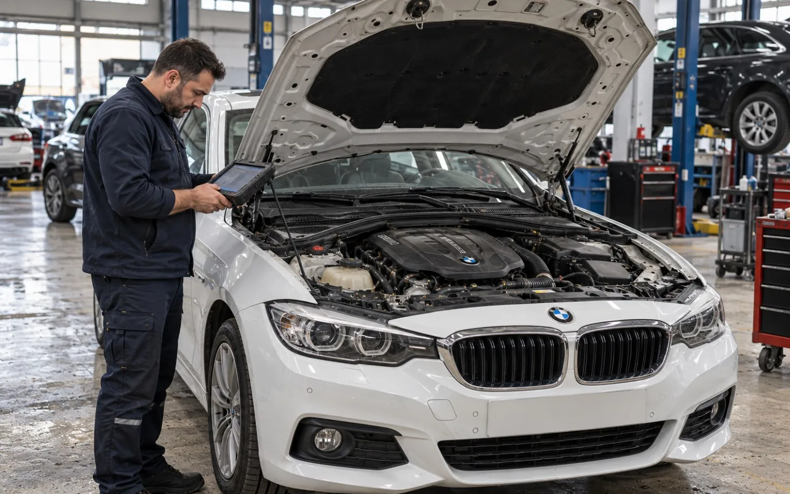 Motor bölümü incelemesi bulunan araç fotoğrafı